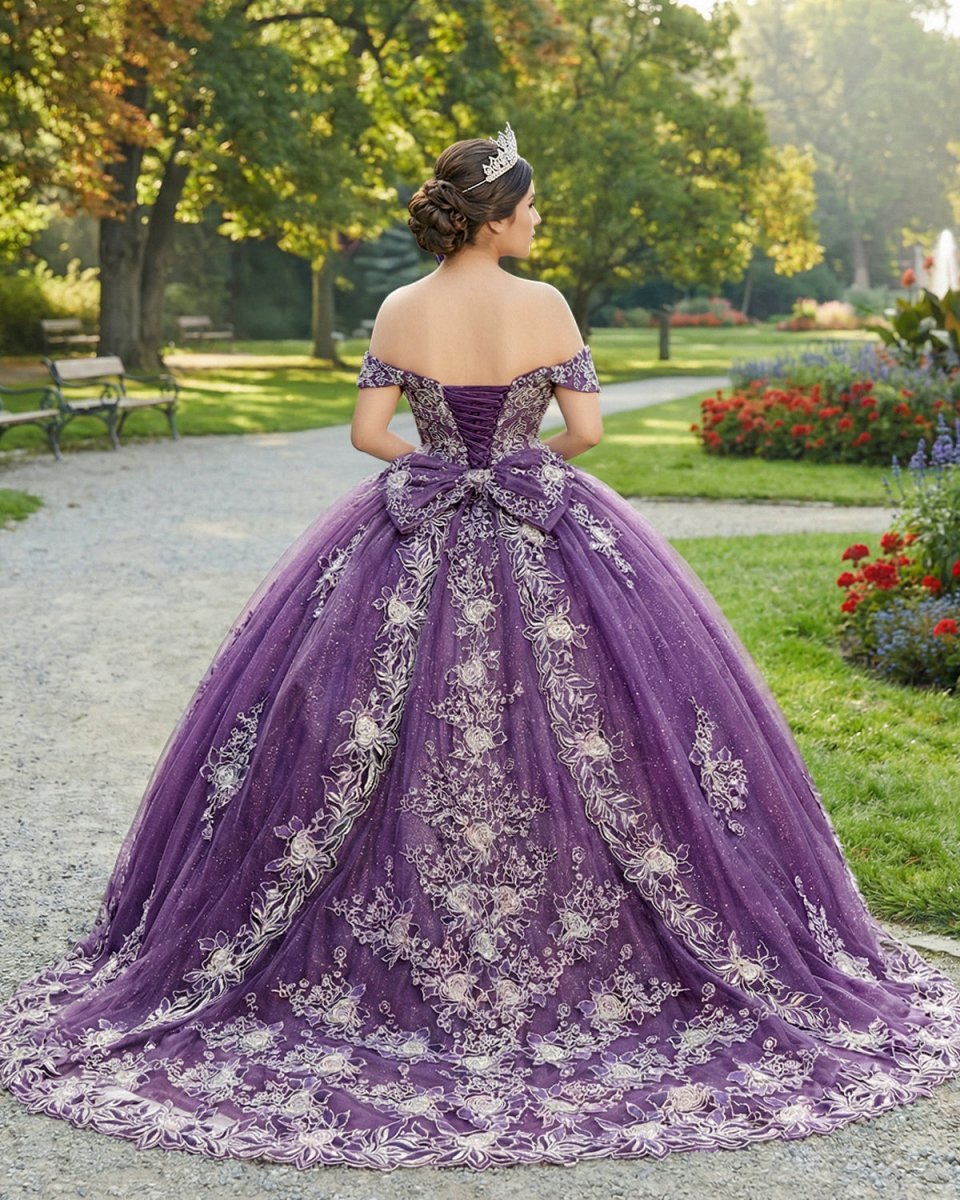 Quinceanera Dress Glamorous Purple Floral Lace Off-the-Shoulder - Curvevia