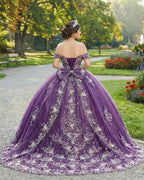 Quinceanera Dress Glamorous Purple Floral Lace Off-the-Shoulder - Curvevia