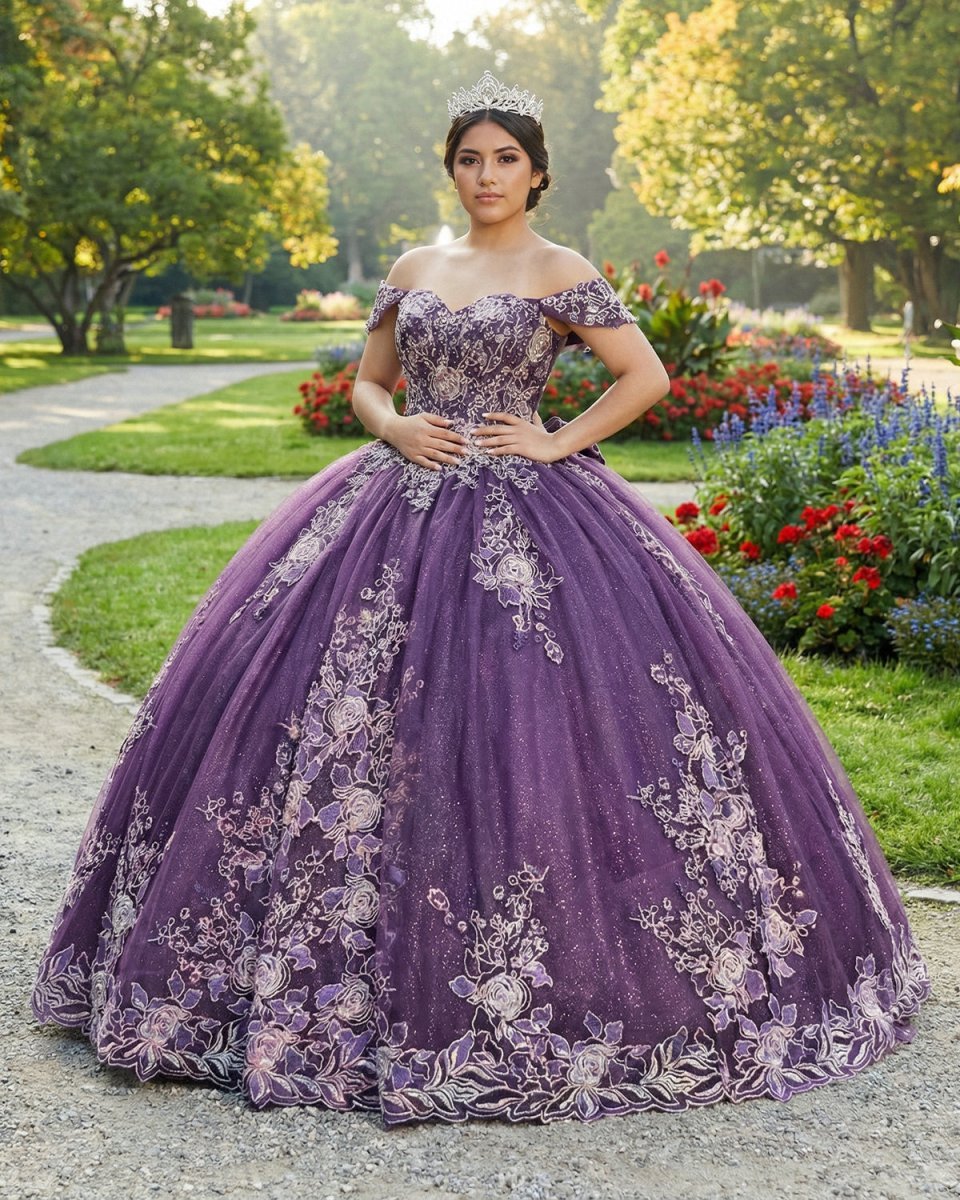 Quinceanera Dress Glamorous Purple Floral Lace Off-the-Shoulder - Curvevia