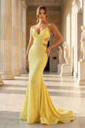 Sparkly Mermaid V Neck Yellow Sequins Long Prom Dresses - Curvevia