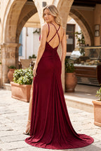 Mermaid V Neck Glitter Jersey Long Evening Dress with Slit - Curvevia