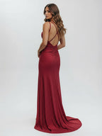 Mermaid V Neck Glitter Jersey Long Evening Dress with Slit - Curvevia