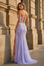 Glitter Blue Mermaid Lace Long Evening Dress with Slit - Curvevia