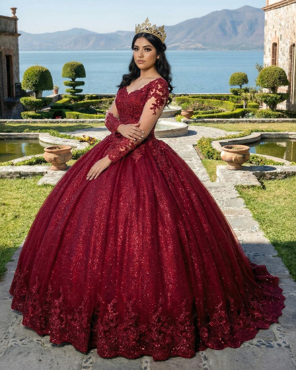 Glitter Long Sleeve Princess Burgundy Quinceanera Dresses - Curvevia