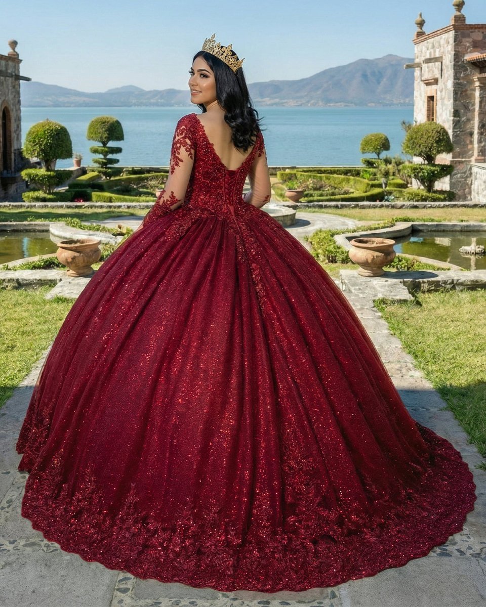 Glitter Long Sleeve Princess Burgundy Quinceanera Dresses - Curvevia
