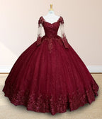 Glitter Long Sleeve Princess Burgundy Quinceanera Dresses - Curvevia