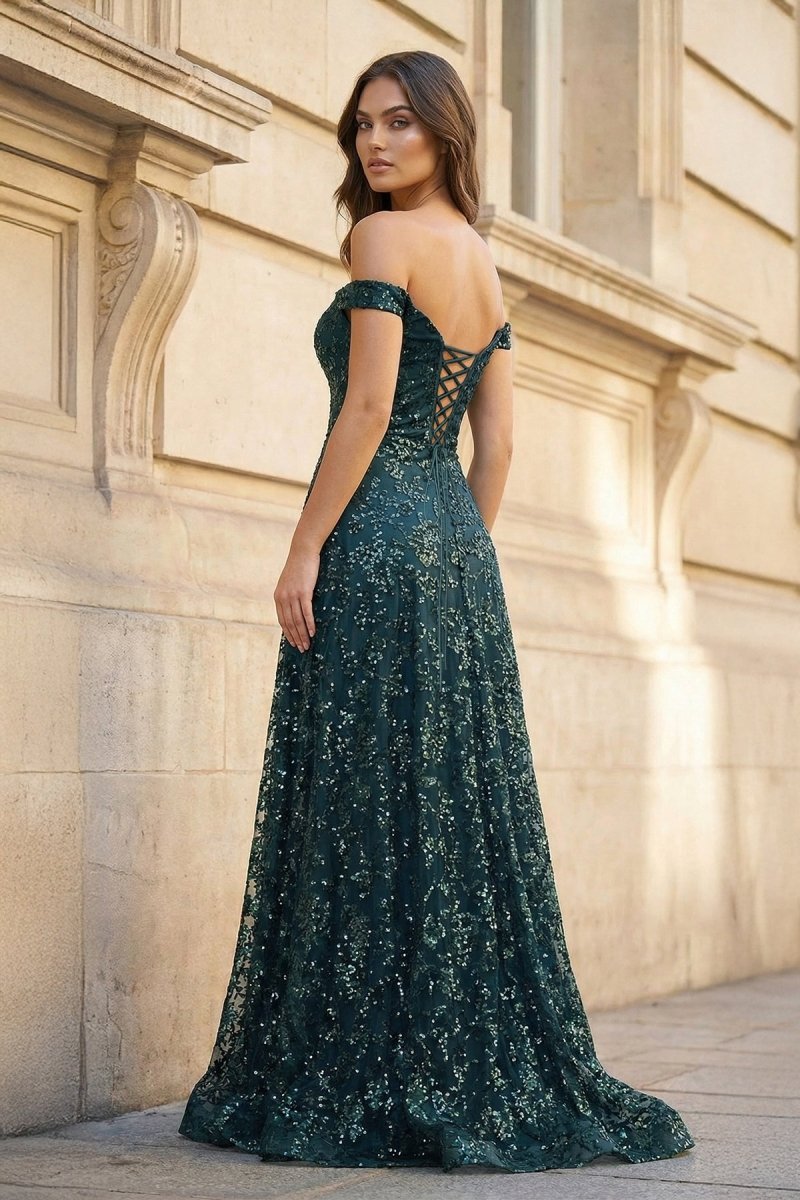 Glitter Mermaid Off The Shoulder Dark Green Long Evening Dress - Curvevia
