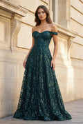 Glitter Mermaid Off The Shoulder Dark Green Long Evening Dress - Curvevia