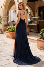Mermaid V Neck Glitter Jersey Long Evening Dress with Slit - Curvevia