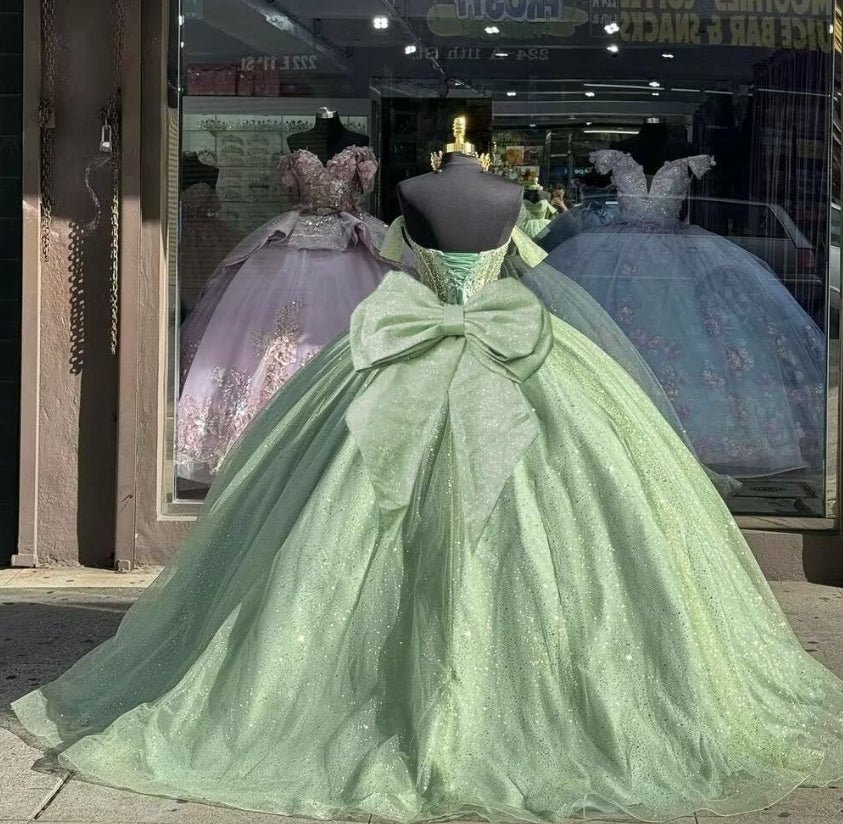 Glitter Off The Shoulder Beading Tulle Long Quinceanera Dresses - Curvevia