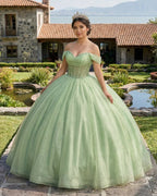 Glitter Off The Shoulder Beading Tulle Long Quinceanera Dresses - Curvevia