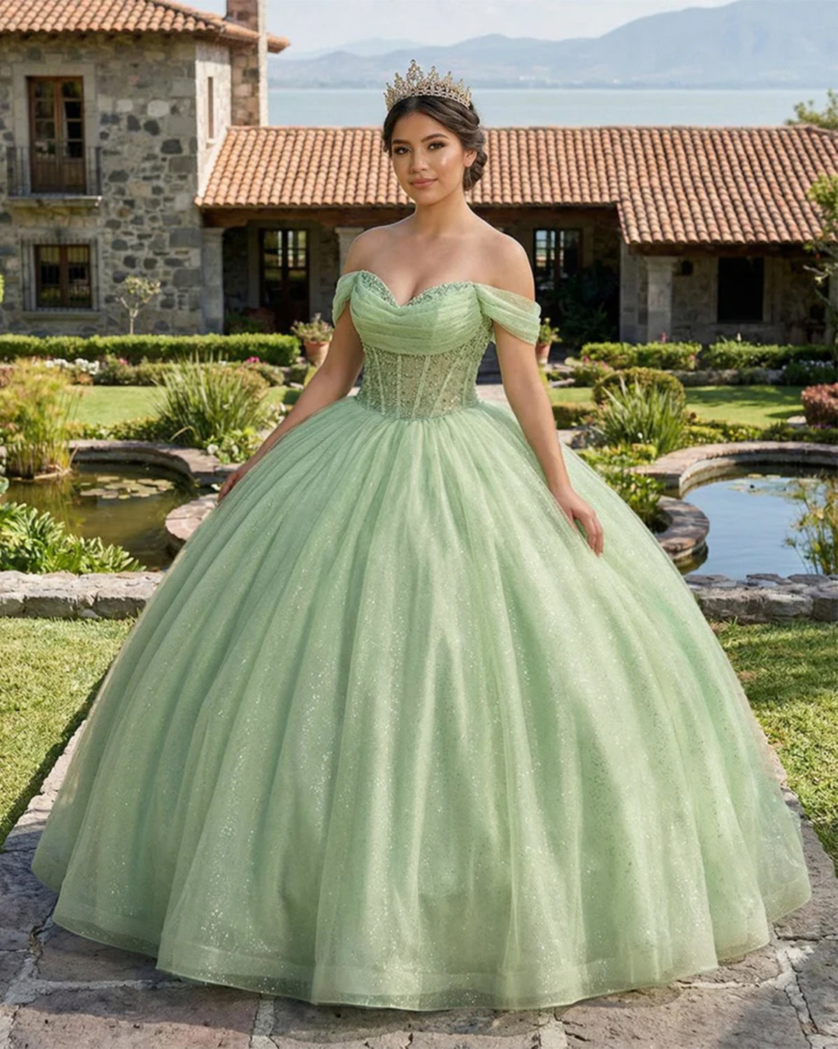 Glitter Off The Shoulder Beading Tulle Long Quinceanera Dresses - Curvevia