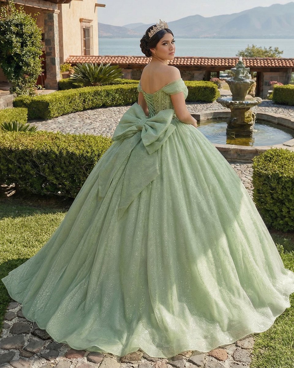 Glitter Off The Shoulder Beading Tulle Long Quinceanera Dresses - Curvevia