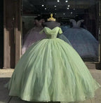 Glitter Off The Shoulder Beading Tulle Long Quinceanera Dresses - Curvevia