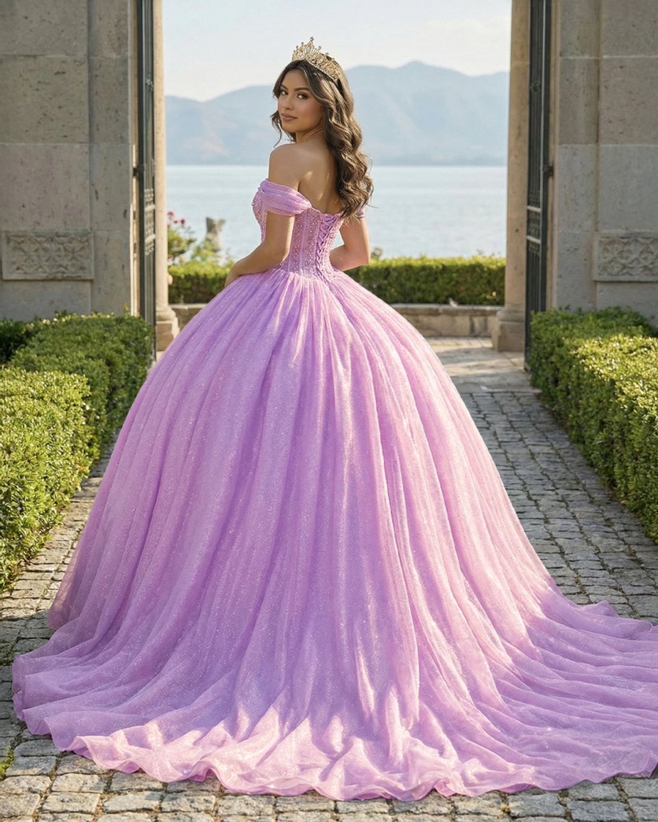 Glitter Off The Shoulder Pink Ball Gown Quinceanera Dresses - Curvevia