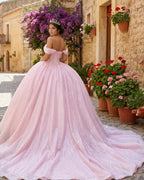 Glitter Off The Shoulder Pink Ball Gown Quinceanera Dresses - Curvevia