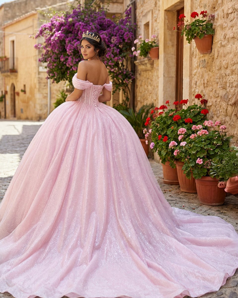 Glitter Off The Shoulder Pink Ball Gown Quinceanera Dresses - Curvevia