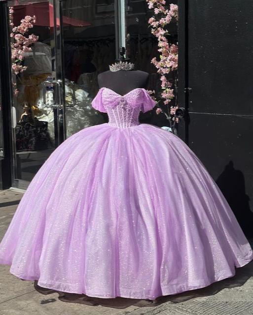 Glitter Off The Shoulder Pink Ball Gown Quinceanera Dresses - Curvevia