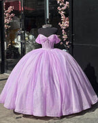 Glitter Off The Shoulder Pink Ball Gown Quinceanera Dresses - Curvevia