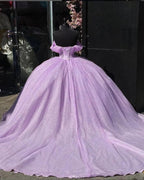 Glitter Off The Shoulder Pink Ball Gown Quinceanera Dresses - Curvevia