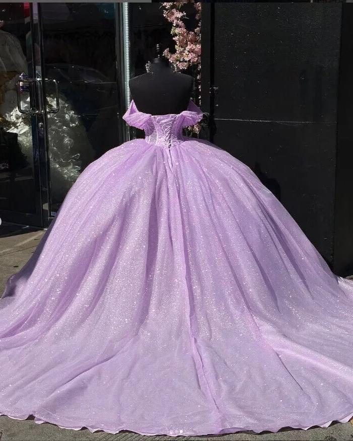 Glitter Off The Shoulder Pink Ball Gown Quinceanera Dresses - Curvevia