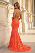 Spaghetti Straps Pink Glitter Backless Mermaid Bodycon Long Evening Dress - Curvevia