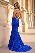 Spaghetti Straps Pink Glitter Backless Mermaid Bodycon Long Evening Dress - Curvevia