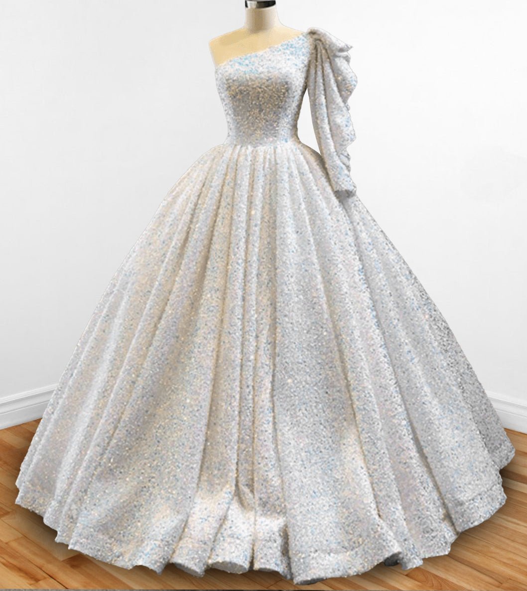 Glitter White Sequined One Shoulder Ball Gown Quinceanera Dress - Curvevia