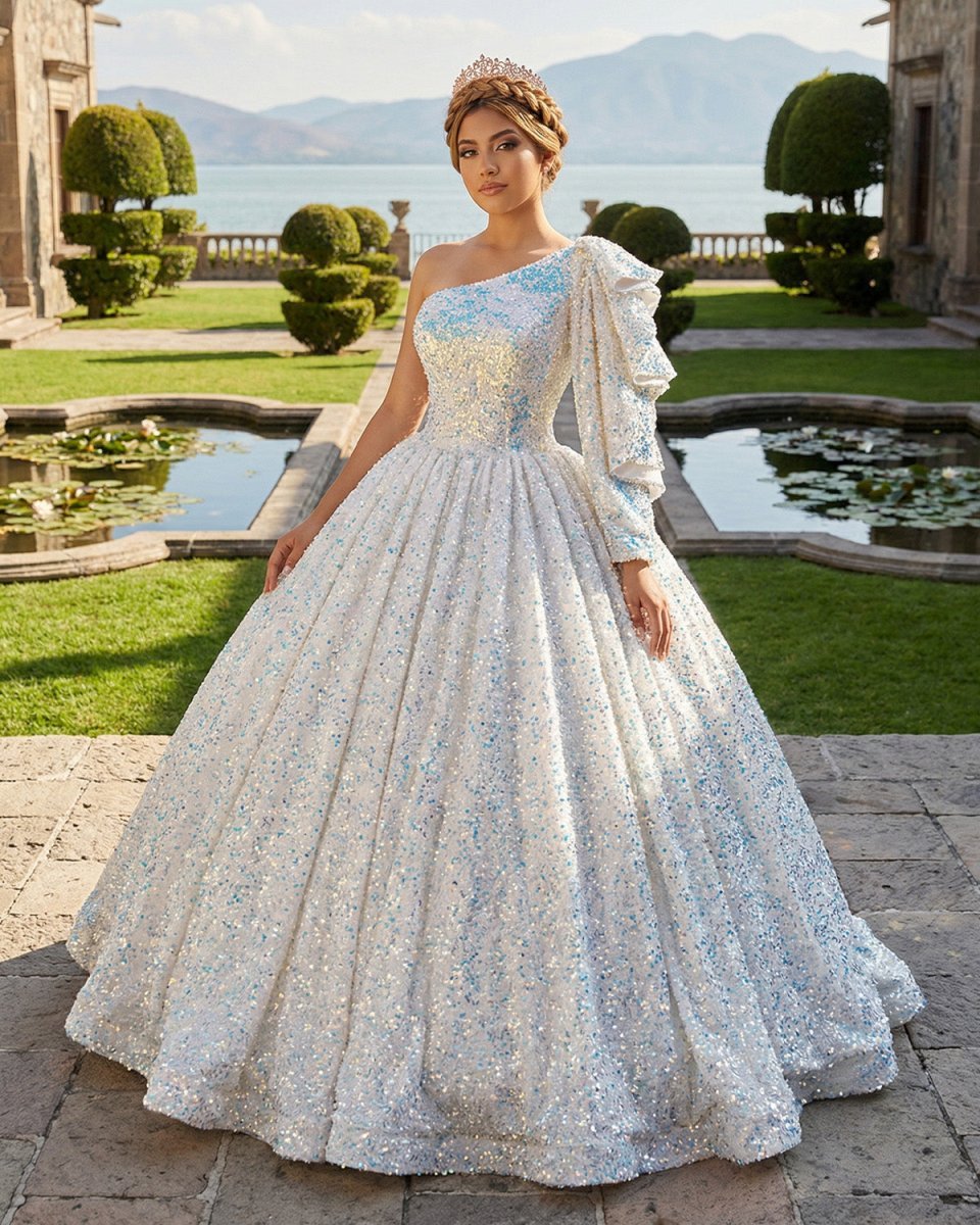 Glitter White Sequined One Shoulder Ball Gown Quinceanera Dress - Curvevia