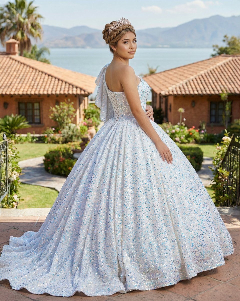 Glitter White Sequined One Shoulder Ball Gown Quinceanera Dress - Curvevia
