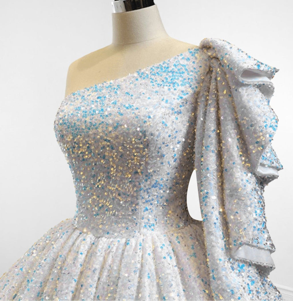 Glitter White Sequined One Shoulder Ball Gown Quinceanera Dress - Curvevia