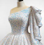 Glitter White Sequined One Shoulder Ball Gown Quinceanera Dress - Curvevia