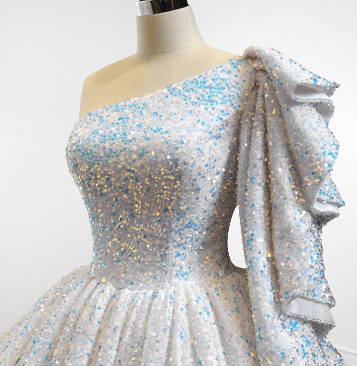 Glitter White Sequined One Shoulder Ball Gown Quinceanera Dress - Curvevia