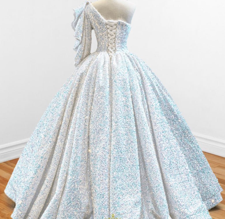 Glitter White Sequined One Shoulder Ball Gown Quinceanera Dress - Curvevia