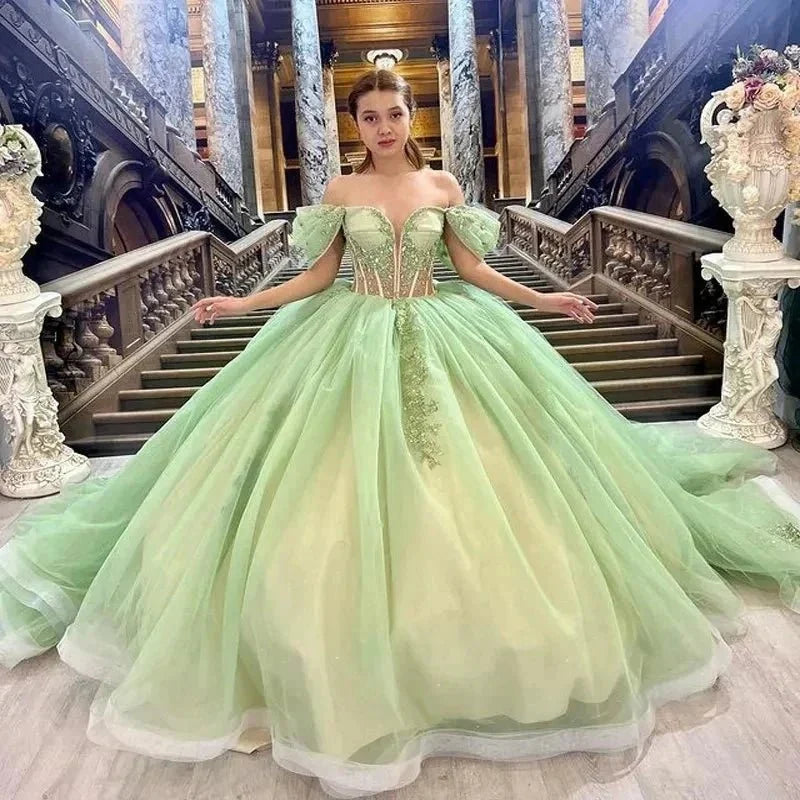 Sage Green Off Shoulder Beading Floral Appliqué Quinceanera Dress - Curvevia