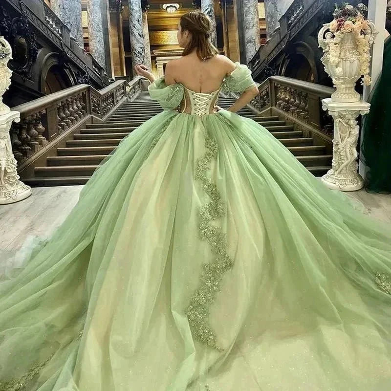 Sage Green Off Shoulder Beading Floral Appliqué Quinceanera Dress - Curvevia