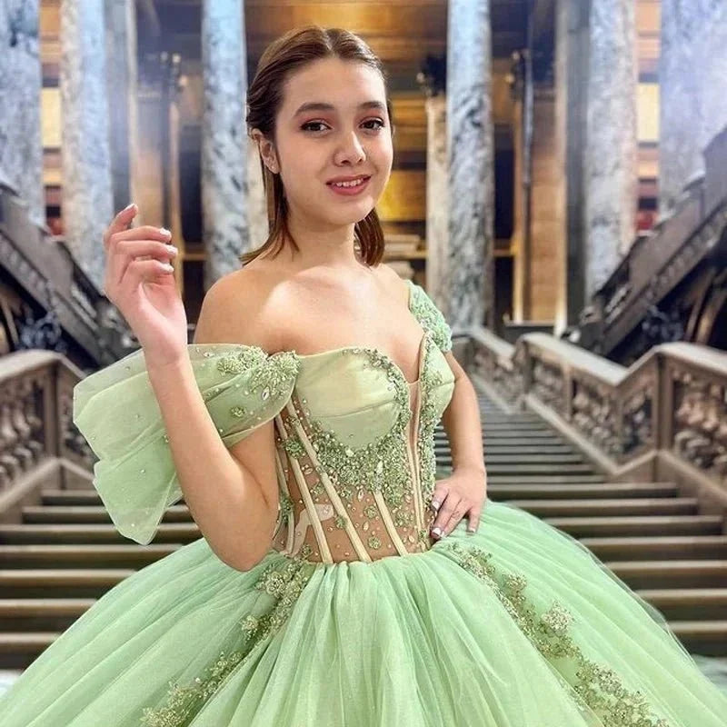 Sage Green Off Shoulder Beading Floral Appliqué Quinceanera Dress - Curvevia