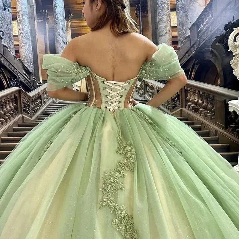 Sage Green Off Shoulder Beading Floral Appliqué Quinceanera Dress - Curvevia