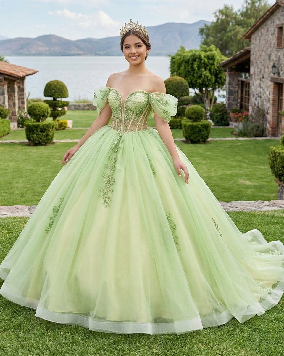 Sage Green Off Shoulder Beading Floral Appliqué Quinceanera Dress - Curvevia