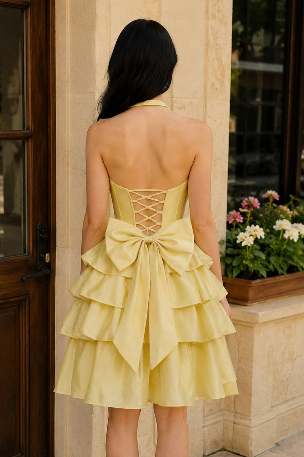 Yellow - Halter A Line Ruffles Satin Wedding Guest Dress With Bow - Curvevia