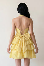 Yellow - Halter A Line Ruffles Satin Wedding Guest Dress With Bow - Curvevia