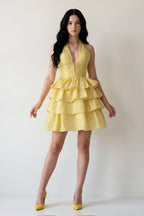 Yellow - Halter A Line Ruffles Satin Wedding Guest Dress With Bow - Curvevia
