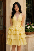 Yellow - Halter A Line Ruffles Satin Wedding Guest Dress With Bow - Curvevia