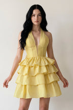 Yellow - Halter A Line Ruffles Satin Wedding Guest Dress With Bow - Curvevia