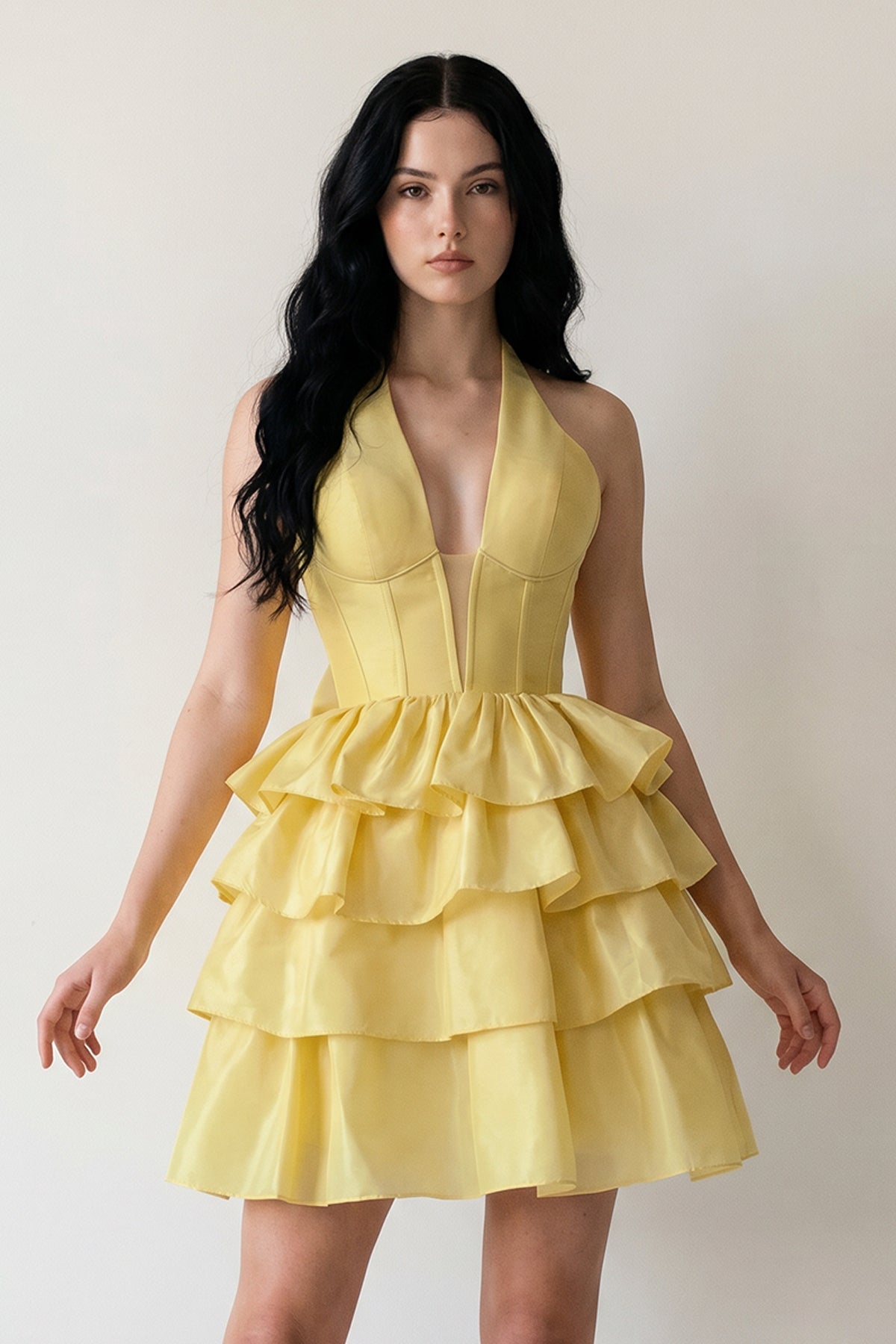 Yellow - Halter A Line Ruffles Satin Wedding Guest Dress With Bow - Curvevia