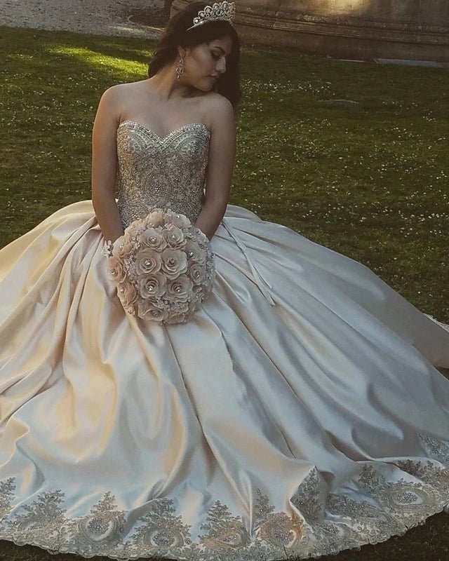 Sweetheart Embroidery Satin  Champagne Quinceanera Dresses Lace Ball Gowns - Curvevia