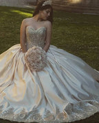 Sweetheart Embroidery Satin  Champagne Quinceanera Dresses Lace Ball Gowns - Curvevia
