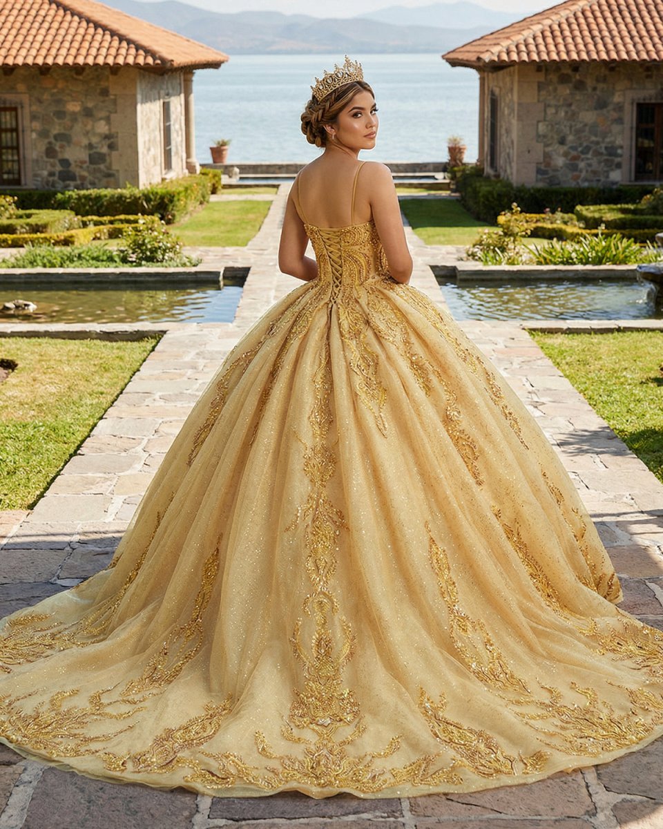 Quinceanera Dress Gold Beading Formal Long Evening Dress Spaghetti Straps Ball Gown - Curvevia