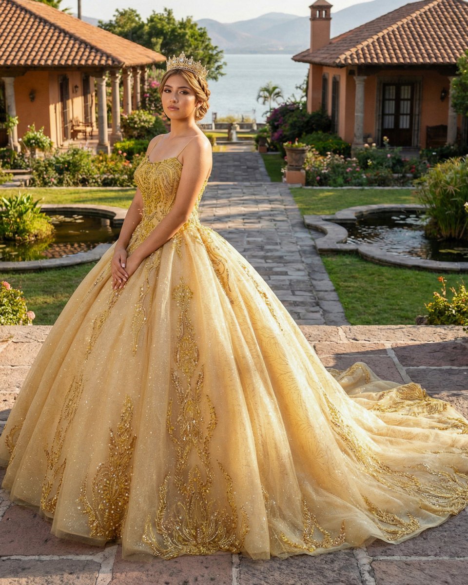 Quinceanera Dress Gold Beading Formal Long Evening Dress Spaghetti Straps Ball Gown - Curvevia