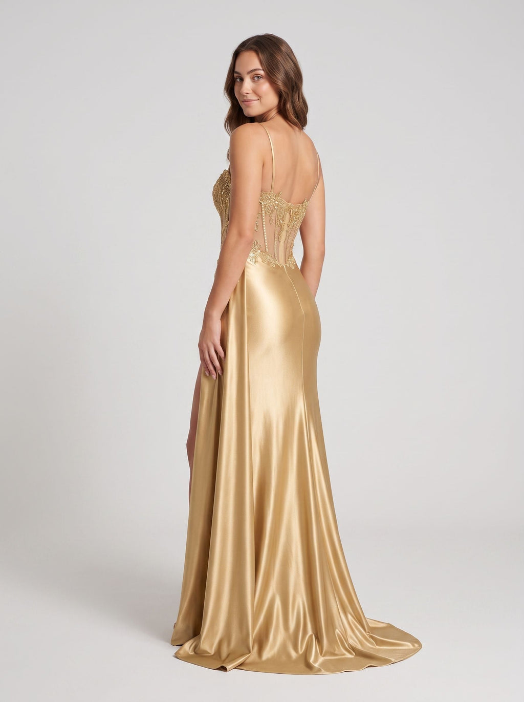 Gold Lace Sheath Sweetheart Corset Back Floor-Length Dress with Side Slit - Curvevia
